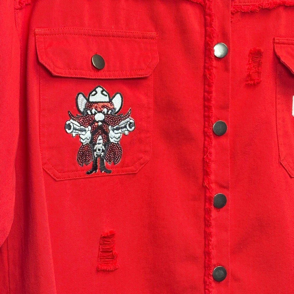 Texas Tech Red Raiders Denim Shirt Jacket Womens XL Distressed Sequin Guns Up - Picture 8 of 11